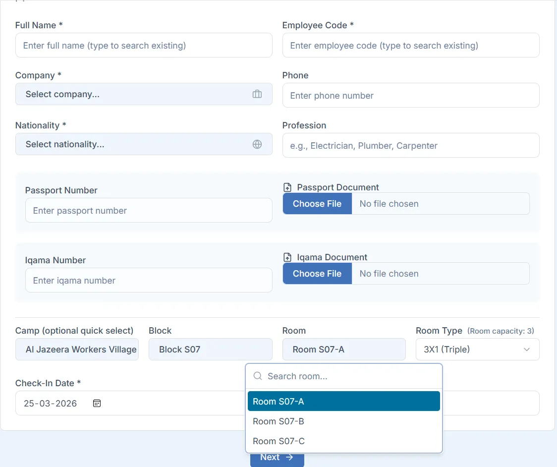 Worker check-in screen with bed assignment preview