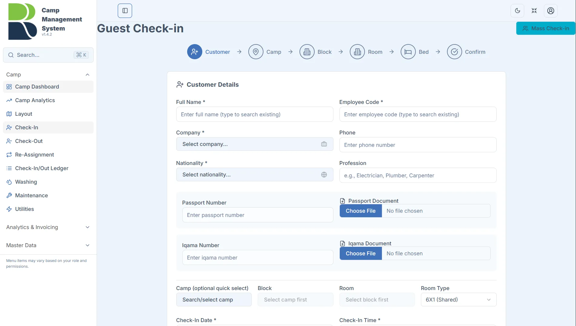 Mass check-in screen with Excel upload and smart bed assignment preview